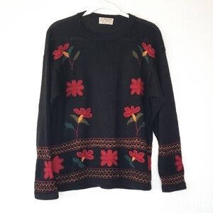 Vintage Black Baby Alpaca Floral Sweater L